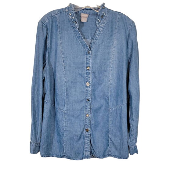 Chico's Women's 100% Lyocell Button Up Studded Denim Shirt Blue Size 2 / Large - Picture 1 of 10